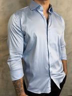 CAMISA M/L ACETINADA C/ ELASTANO PONTO H AZUL BB