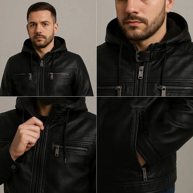Jaqueta Couro Masculina Slim Forrada Com Capuz Removivel