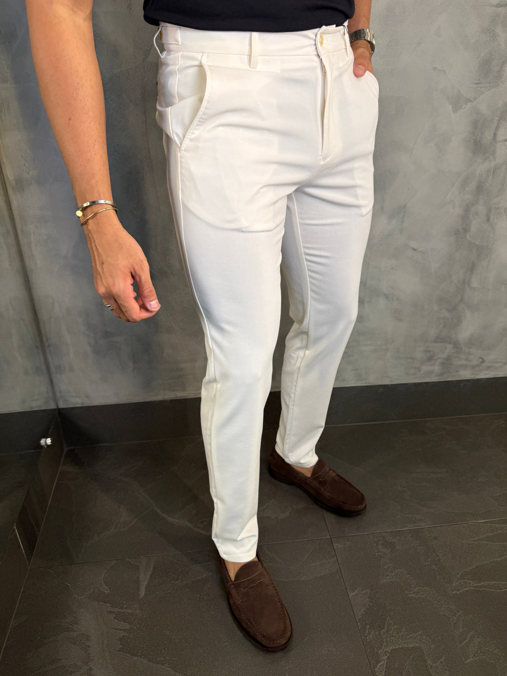 CALÇA ALF. SLIM STRETCH C/ AJUSTE BOTÃO OFF WHITE