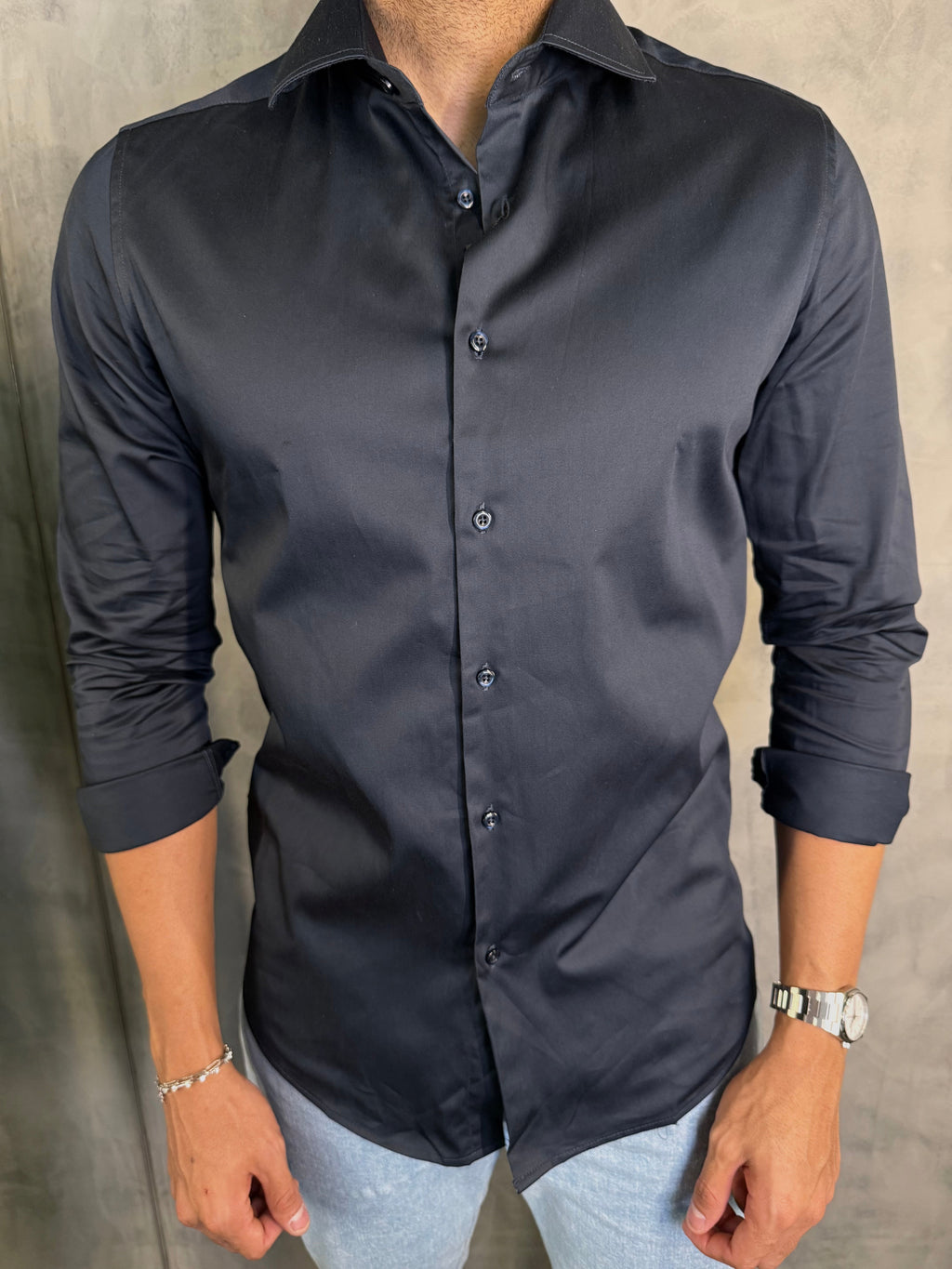 CAMISA M/L CETIM ELASTANO MARINHO