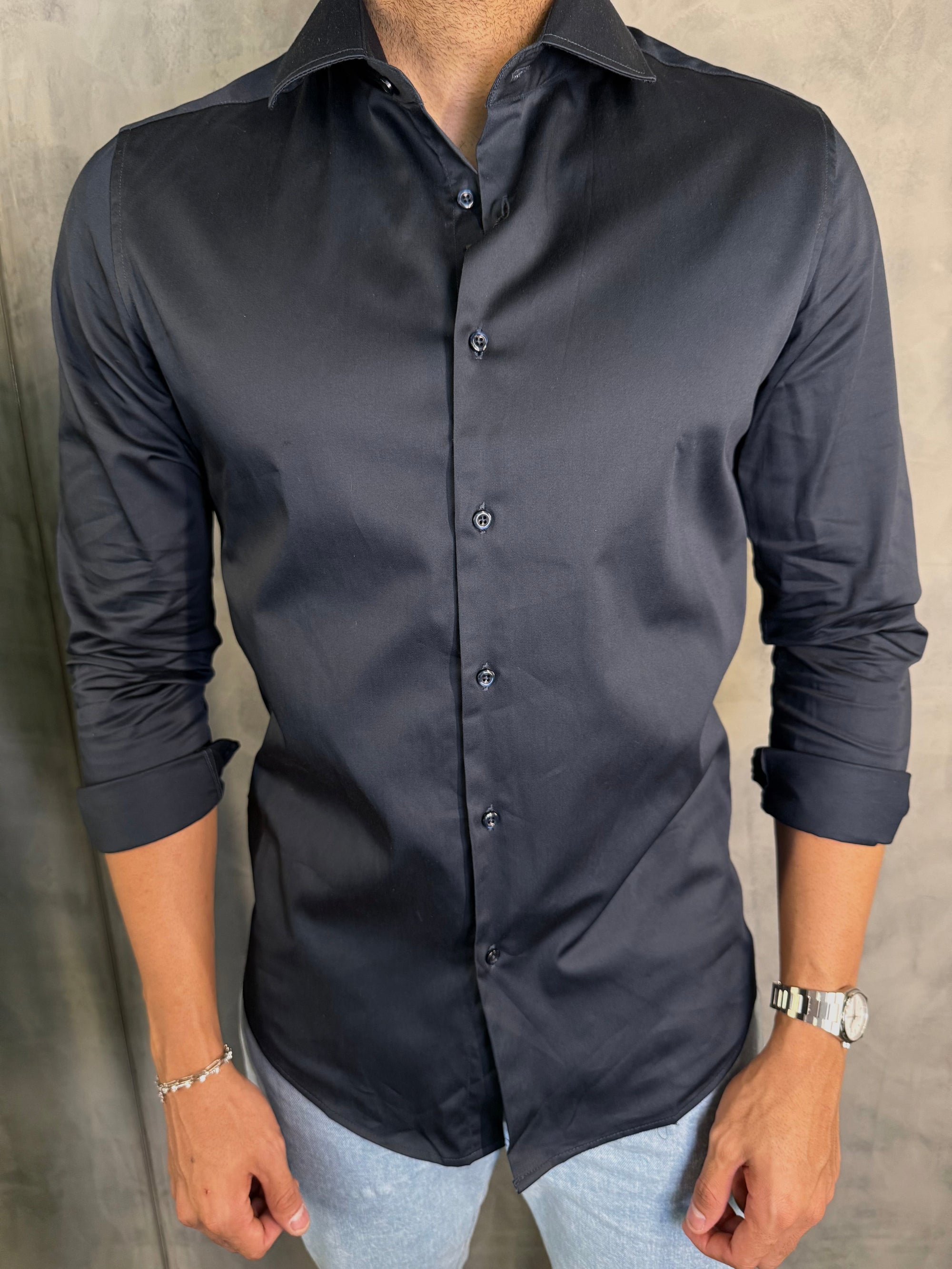 CAMISA M/L CETIM ELASTANO MARINHO