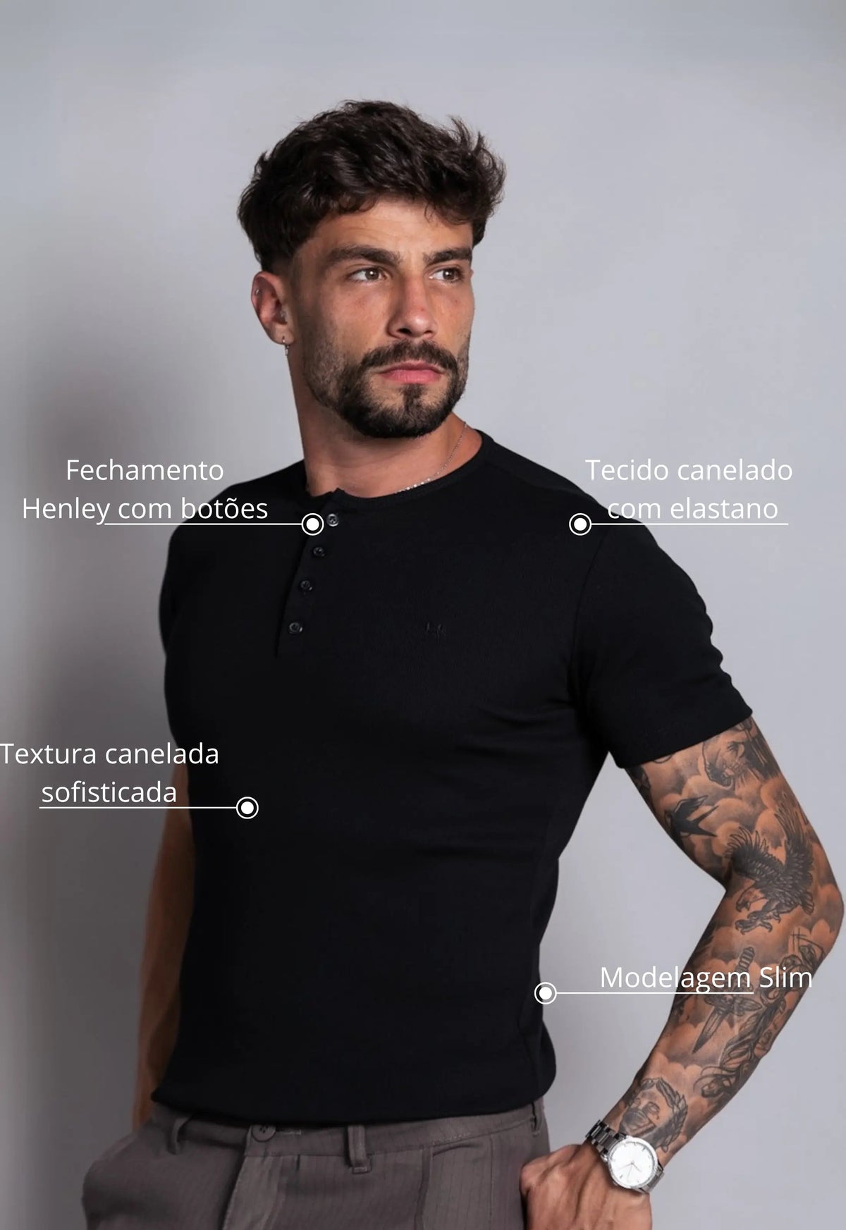 Camiseta Henley Canelada Preta