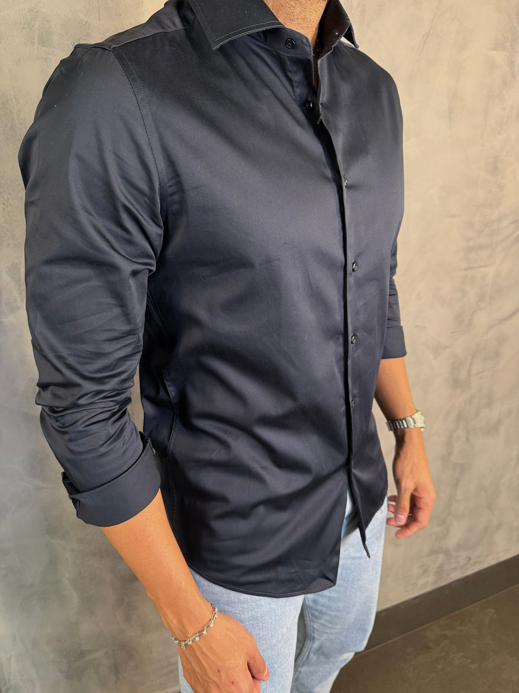 CAMISA M/L CETIM ELASTANO MARINHO