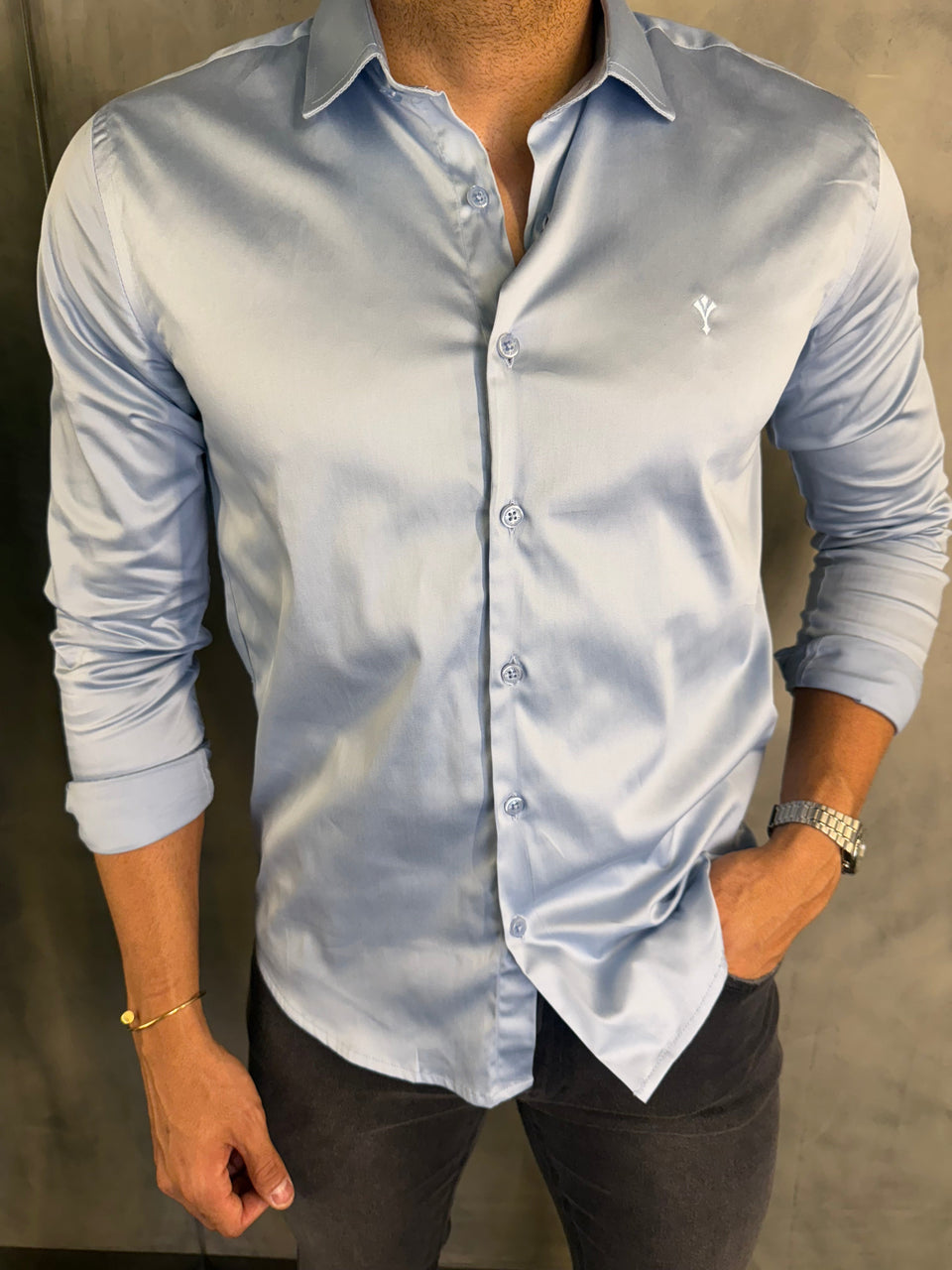 CAMISA ACETINADA STRETCH SLIM FIT M/L INDICCATTO AZUL CL