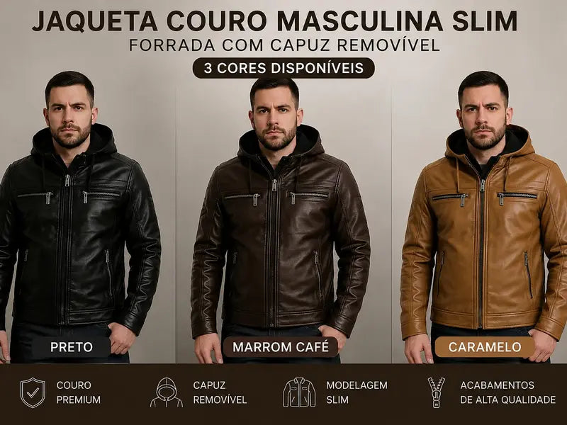 Jaqueta Couro Masculina Slim Forrada Com Capuz Removivel