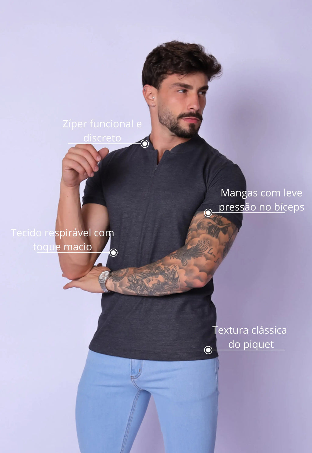 Camiseta Gola Padre Zíper Chumbo