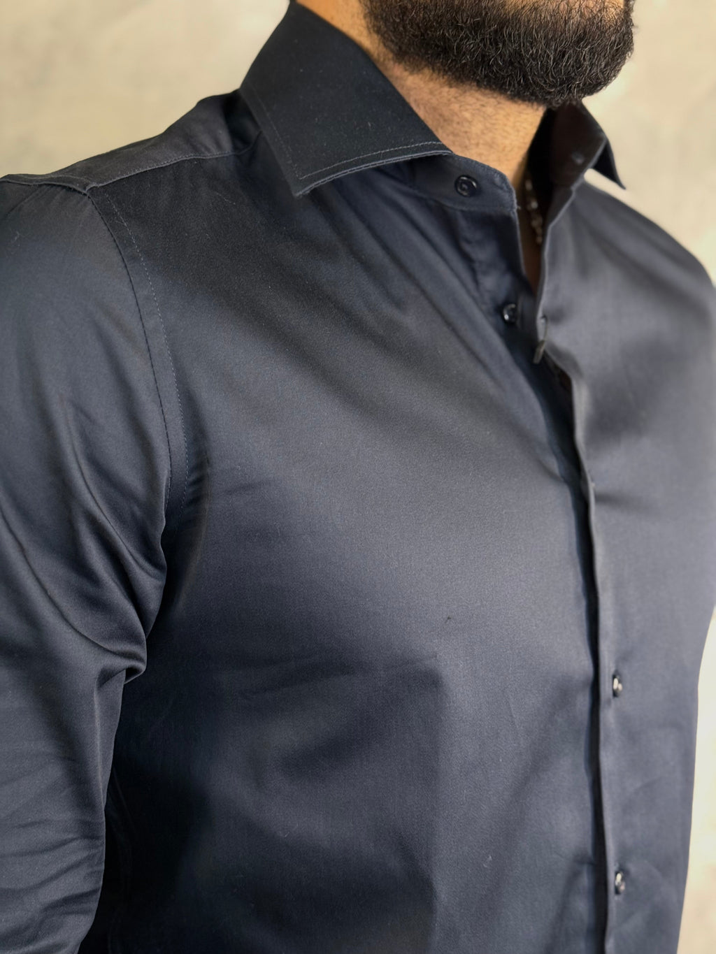 CAMISA M/L CETIM ELASTANO MARINHO