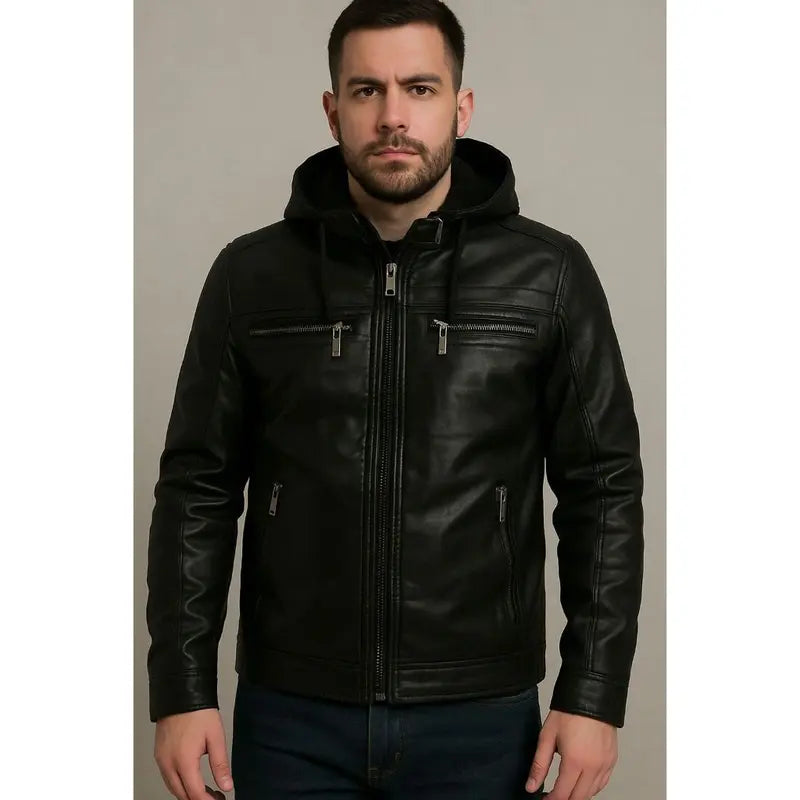 Jaqueta Couro Masculina Slim Forrada Com Capuz Removivel