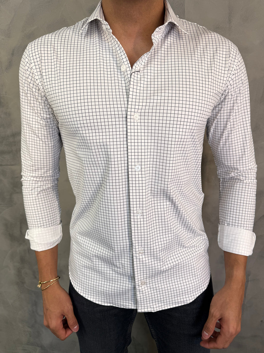 CAMISA M/L SLIM POLIAMIDA XADREZ BRANCO