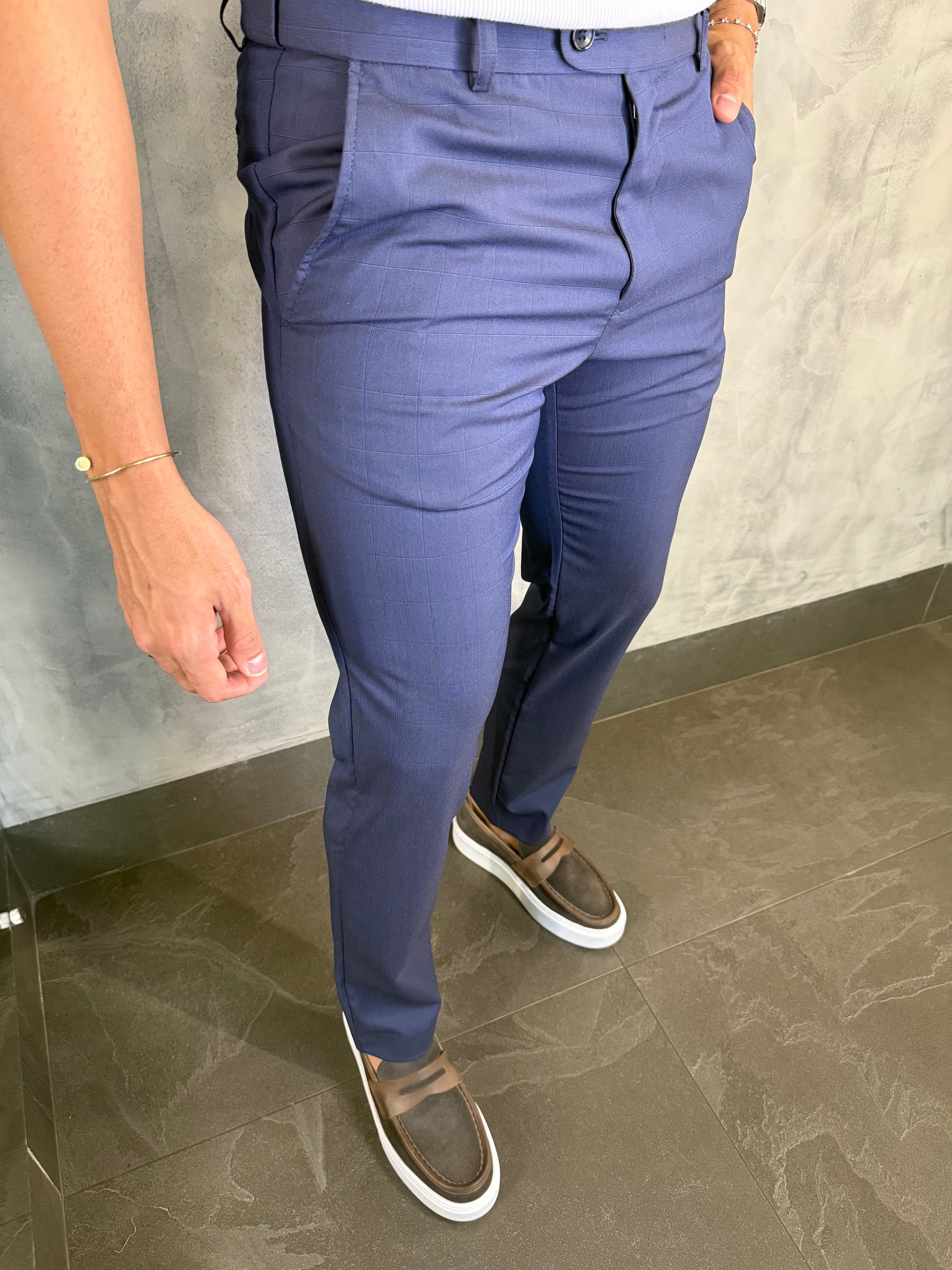 Calça Alf Slim Xadrez Cintura Elástica Marinho