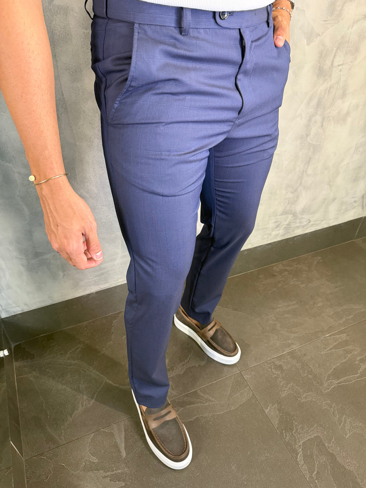 CALÇA ALF SLIM XADREZ CINTURA ELÁSTICA PONTO H MARINHO