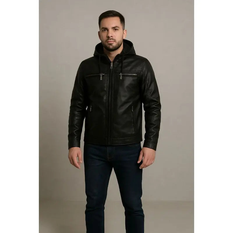 Jaqueta Couro Masculina Slim Forrada Com Capuz Removivel