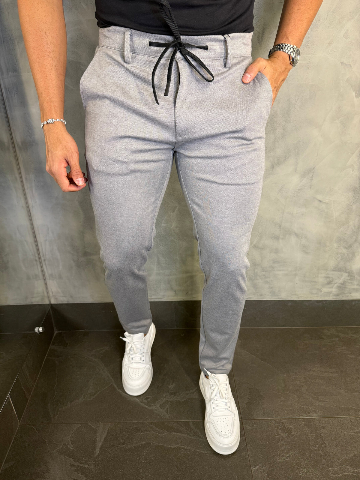 CALÇA ALF. SKINNY MALHA C/ CADARÇO PONTO H CINZA