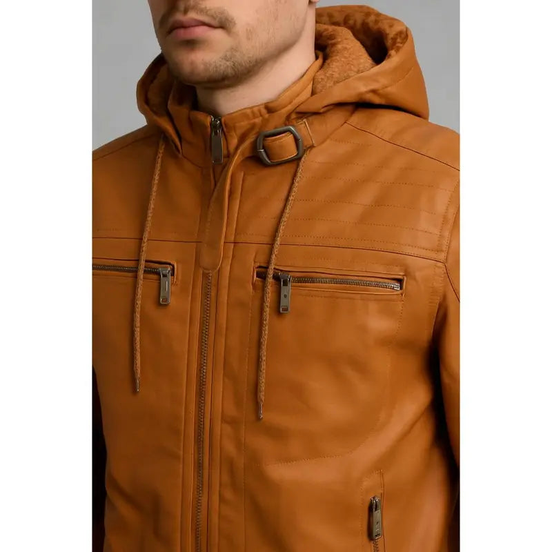 Jaqueta Couro Masculina Slim Forrada Com Capuz Removivel