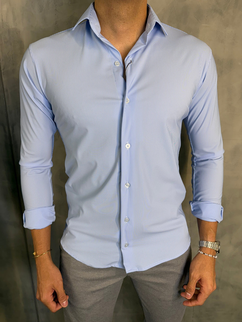 CAMISA M/L SLIM POLIAMIDA MICROLISTRAS AZUL CLARO