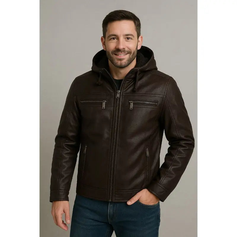Jaqueta Couro Masculina Slim Forrada Com Capuz Removivel