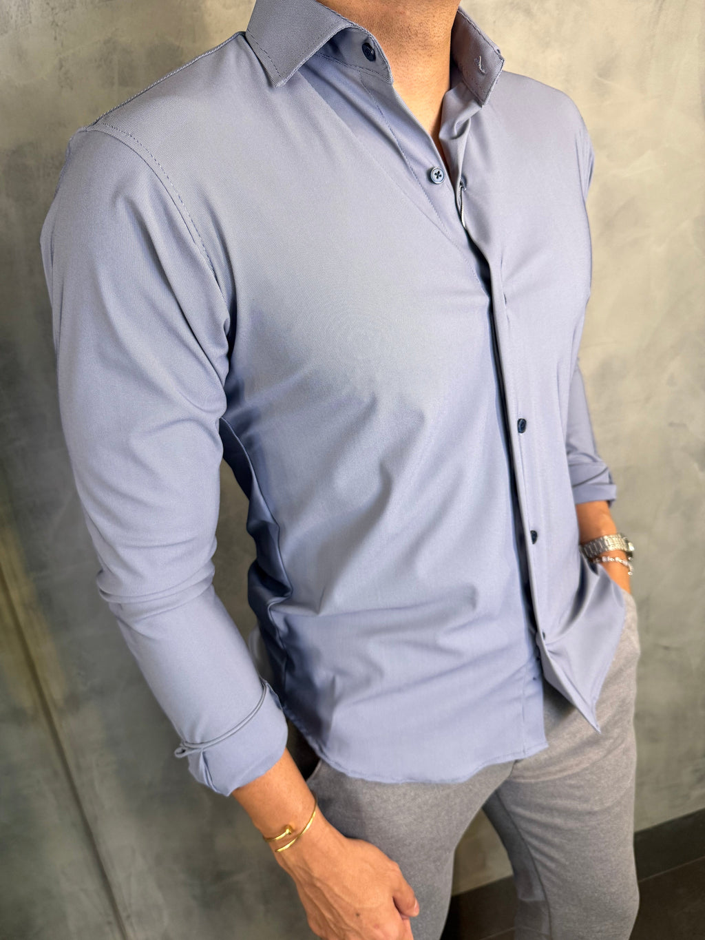 CAMISA M/L SLIM POLIAMIDA MICROLISTRAS MARINHO