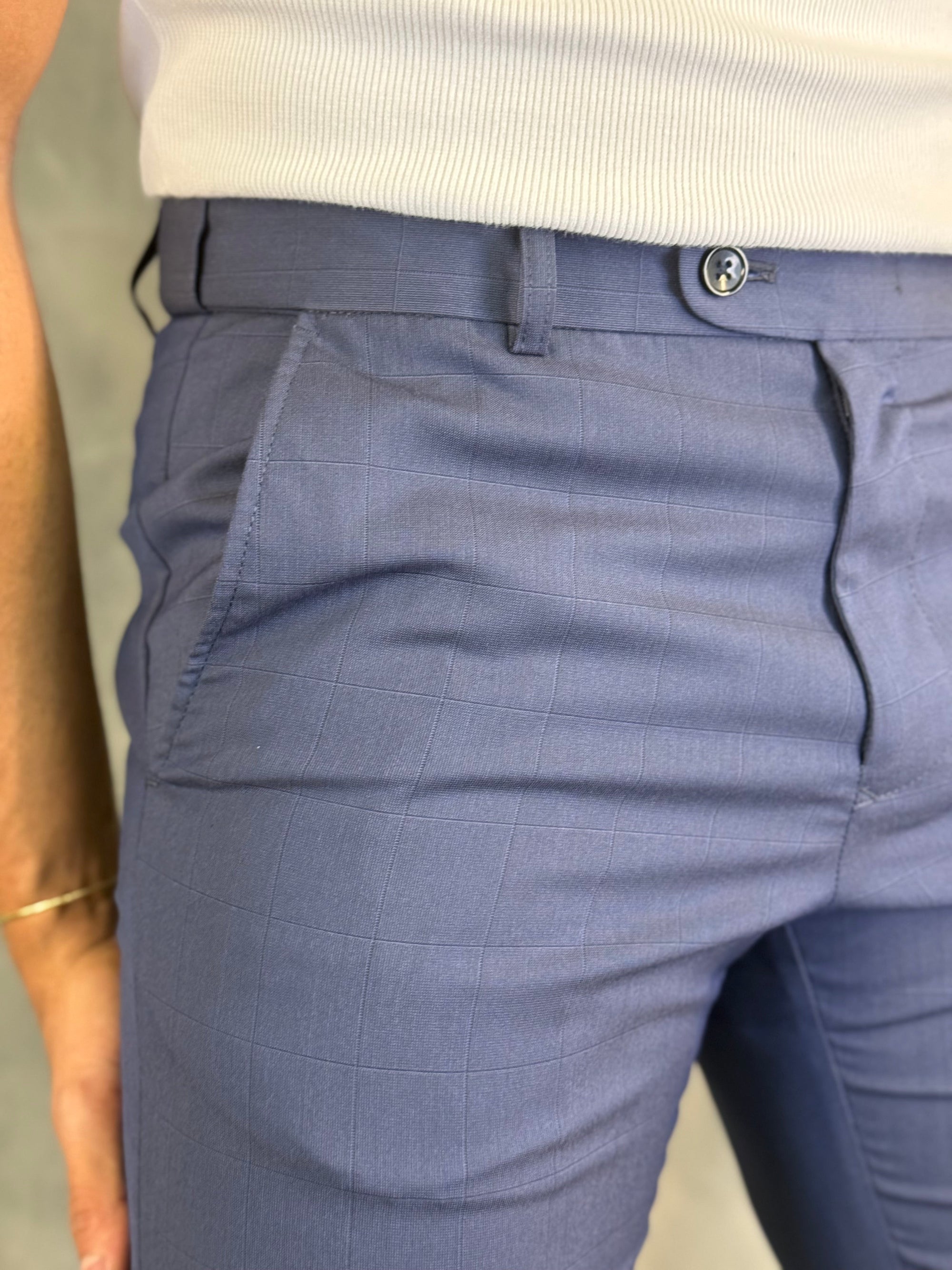 Calça Alf Slim Xadrez Cintura Elástica Marinho