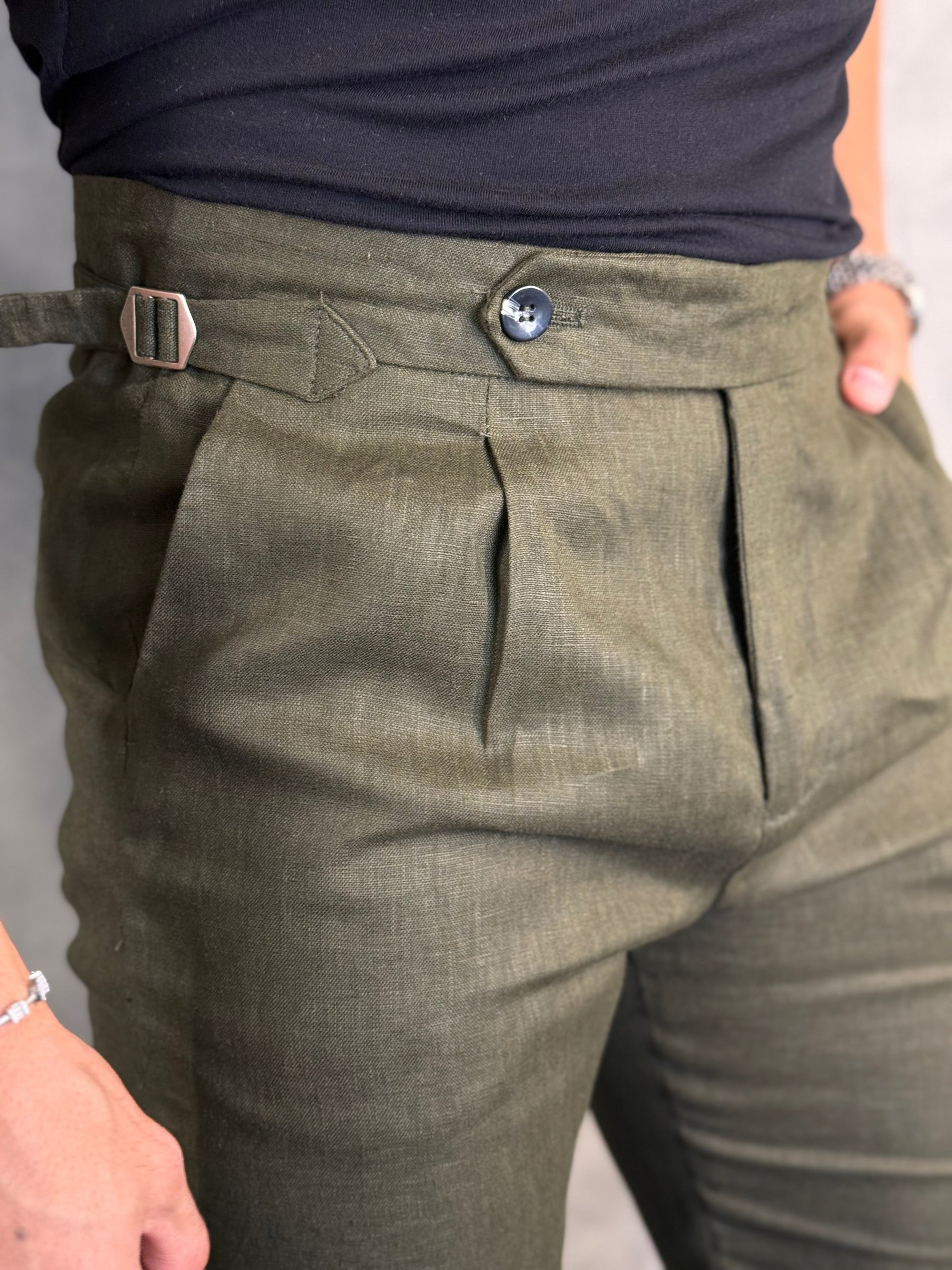 CALÇA ALF. GURKHA PURO LINHO VERDE MILITAR