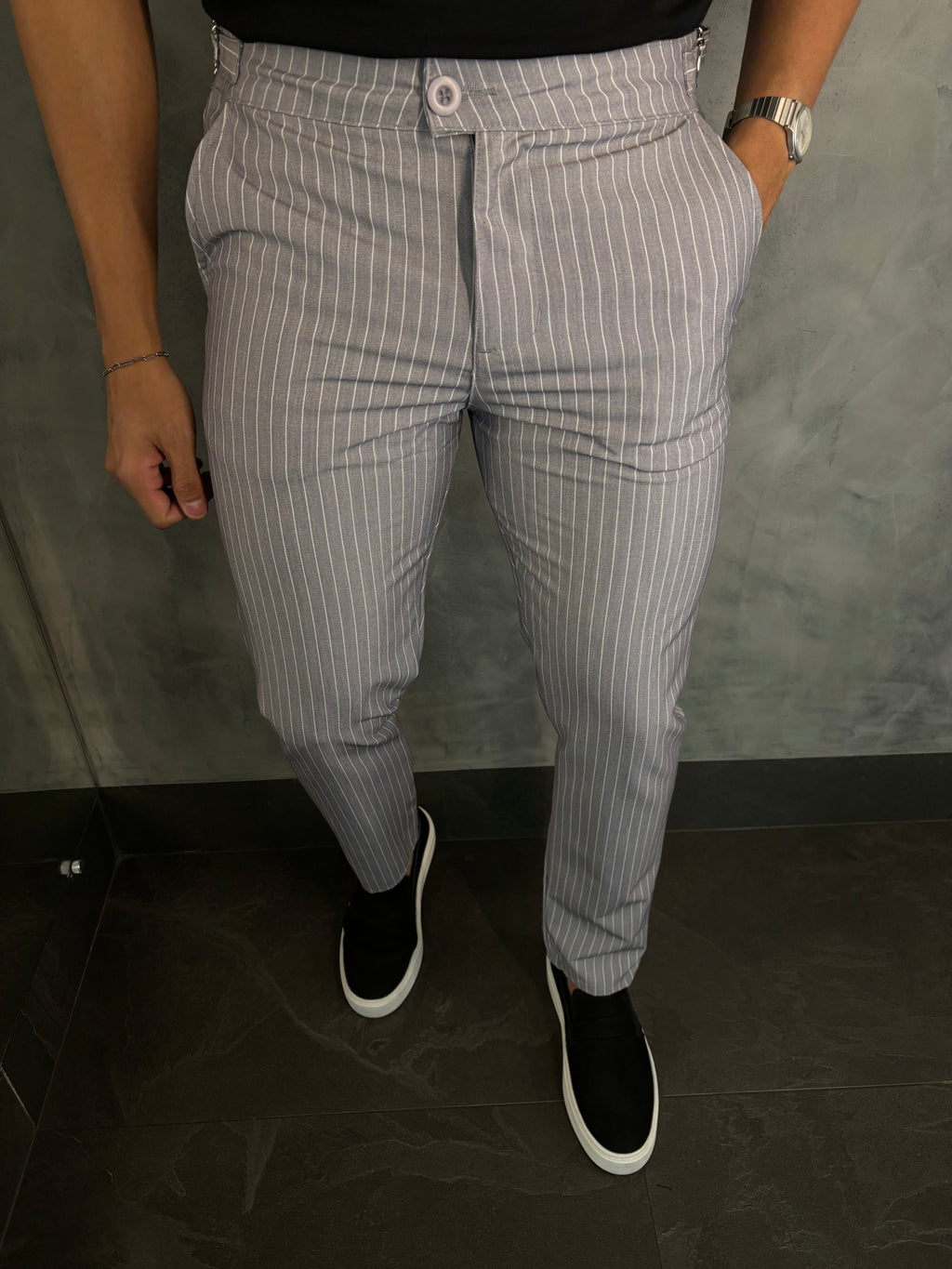 Calça Alf. Listrado Cinza Cl
