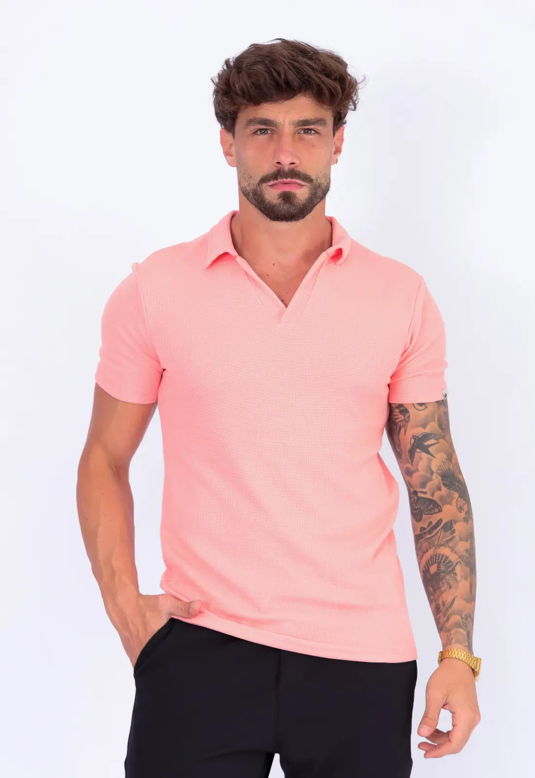 Camisa Polo Italiana Tricot Salmão