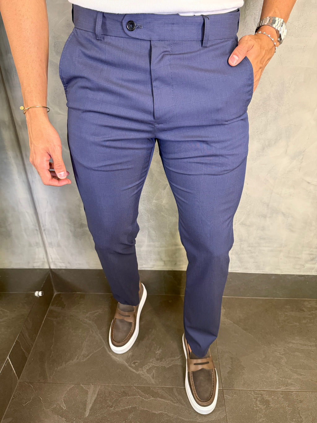 Calça Alf Slim Xadrez Cintura Elástica Marinho