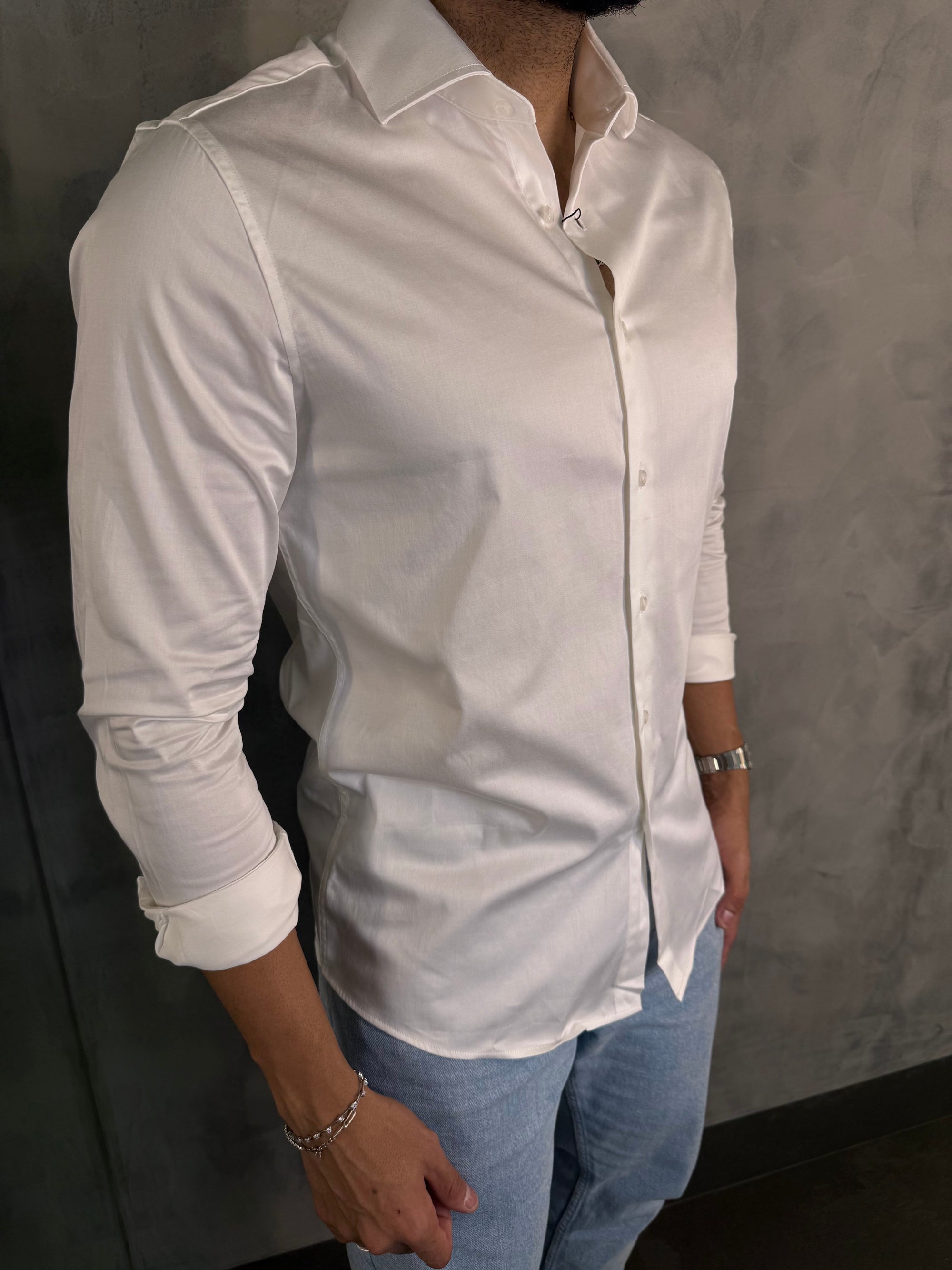 CAMISA M/L CETIM ELASTANO BRANCO