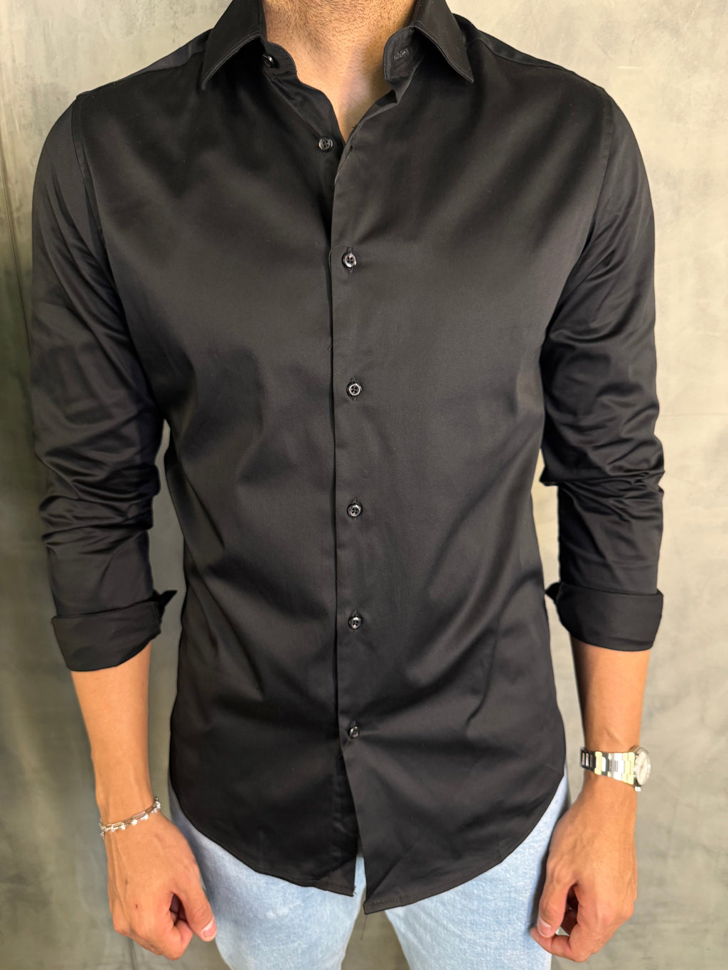 CAMISA M/L CETIM ELASTANO PRETO