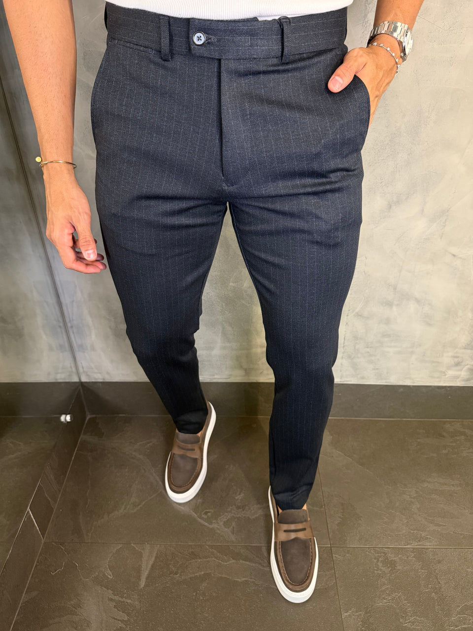CALÇA ALF MALHA SLIM RISCA DE GIZ MARINHO