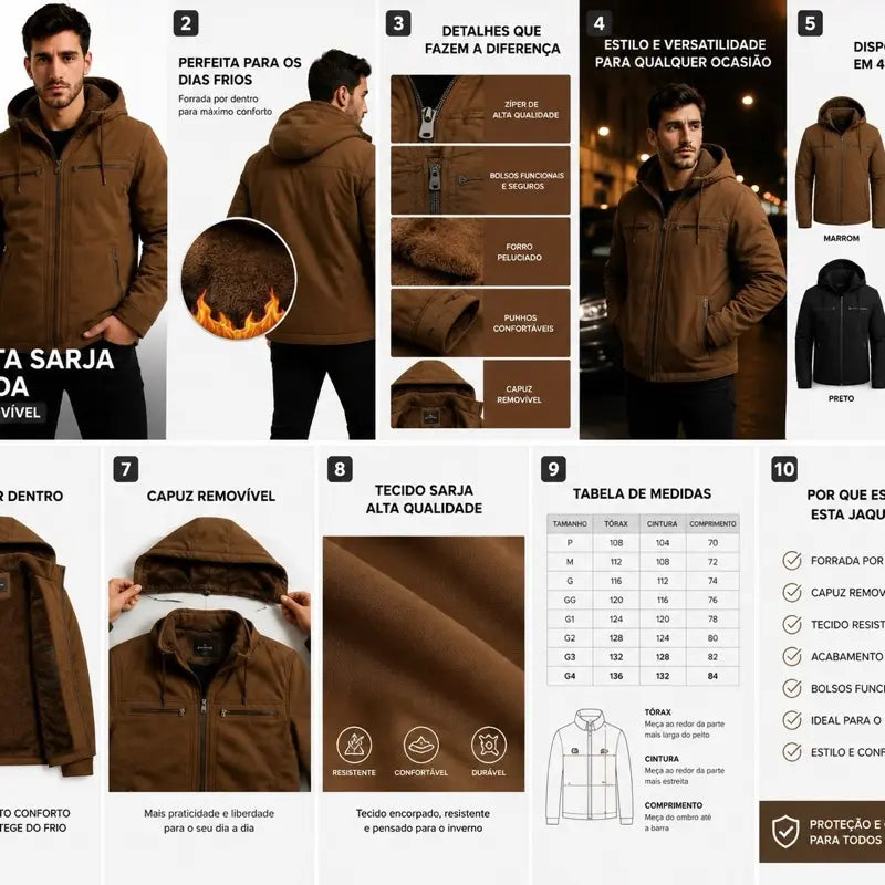 Jaqueta masculina sarja casaco com capuz e bolsos forrados