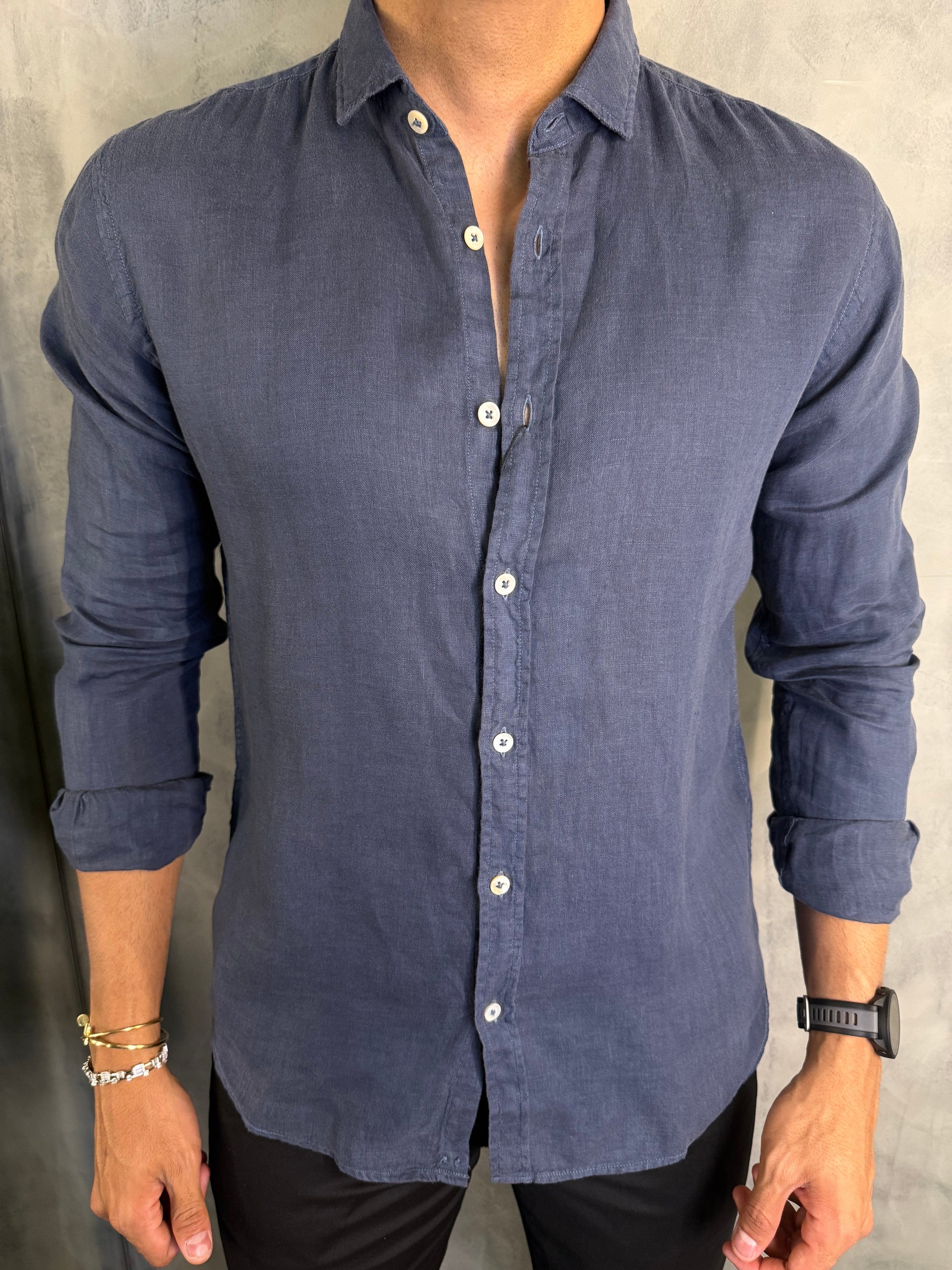 CAMISA M/L PURO LINHO AZUL ESCURO