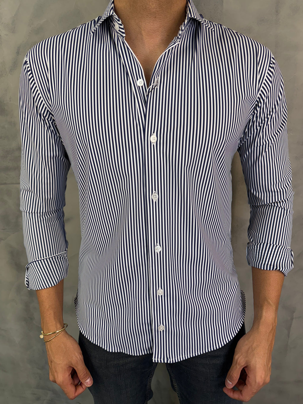 CAMISA M/L SLIM POLIAMIDA LISTRADA MARINHO