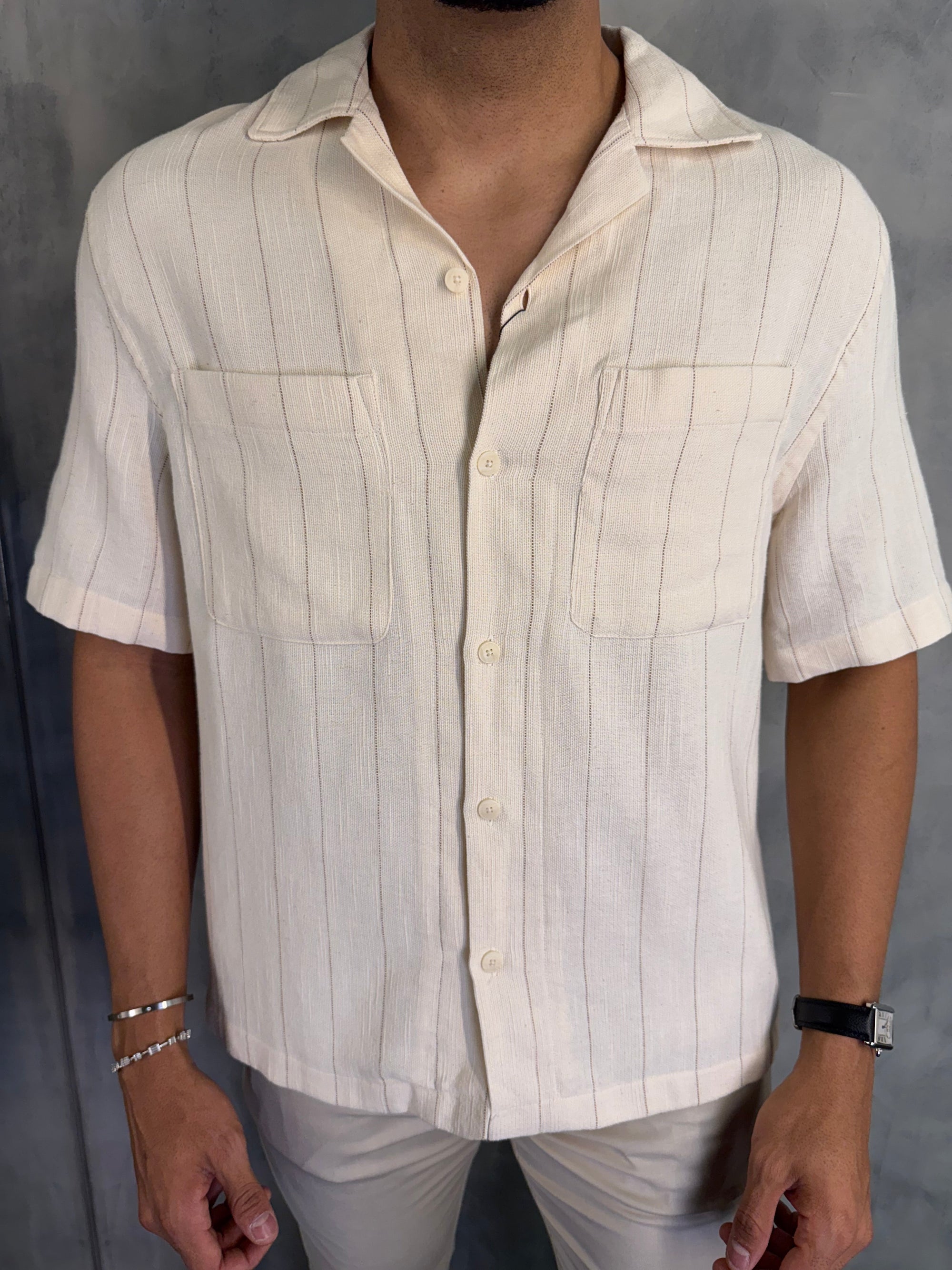 CAMISA M/C LINHO LISTRADO OFF WHITE