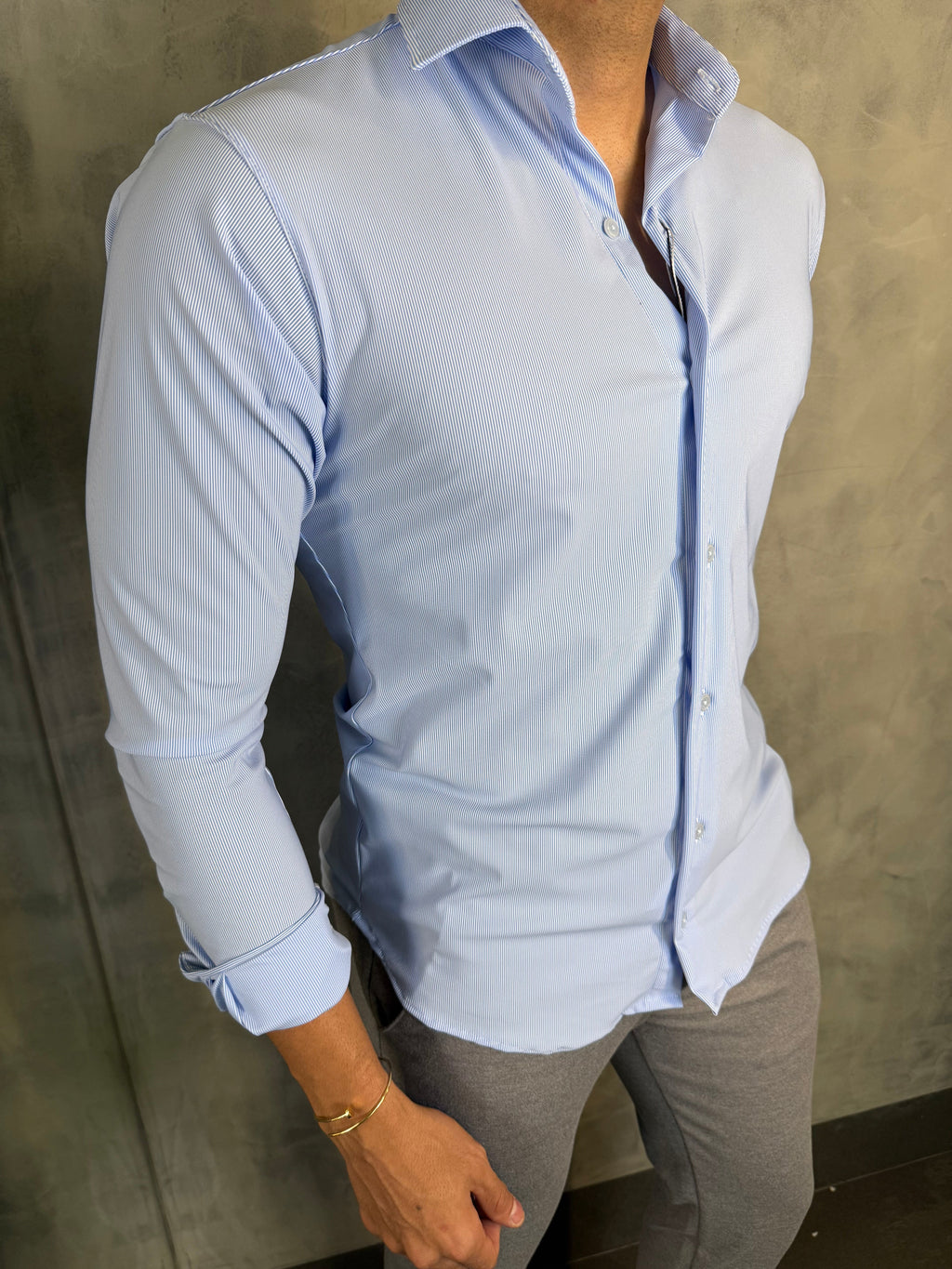 CAMISA M/L SLIM POLIAMIDA MICROLISTRAS AZUL CLARO