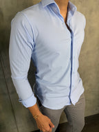 CAMISA M/L SLIM POLIAMIDA MICROLISTRAS AZUL CLARO