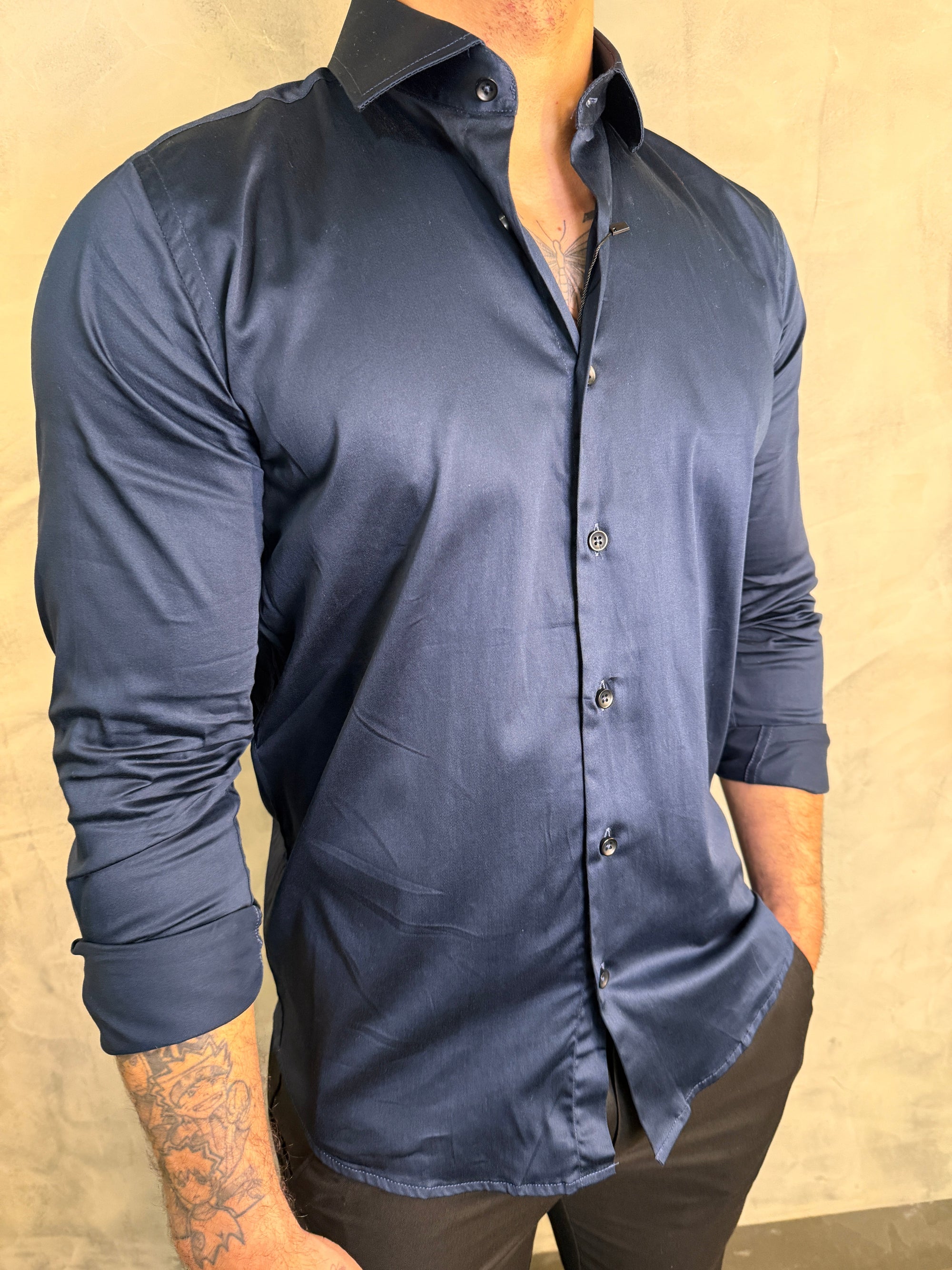 CAMISA M/L ACETINADA C/ ELASTANO PONTO H MARINHO