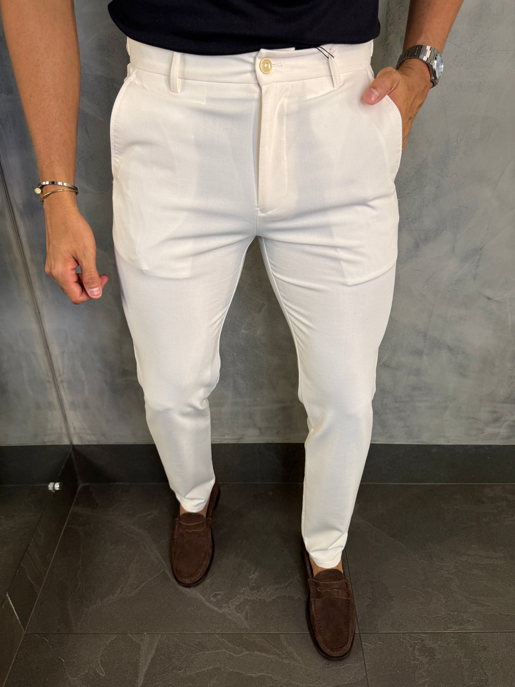 CALÇA ALF. SLIM STRETCH C/ AJUSTE BOTÃO OFF WHITE