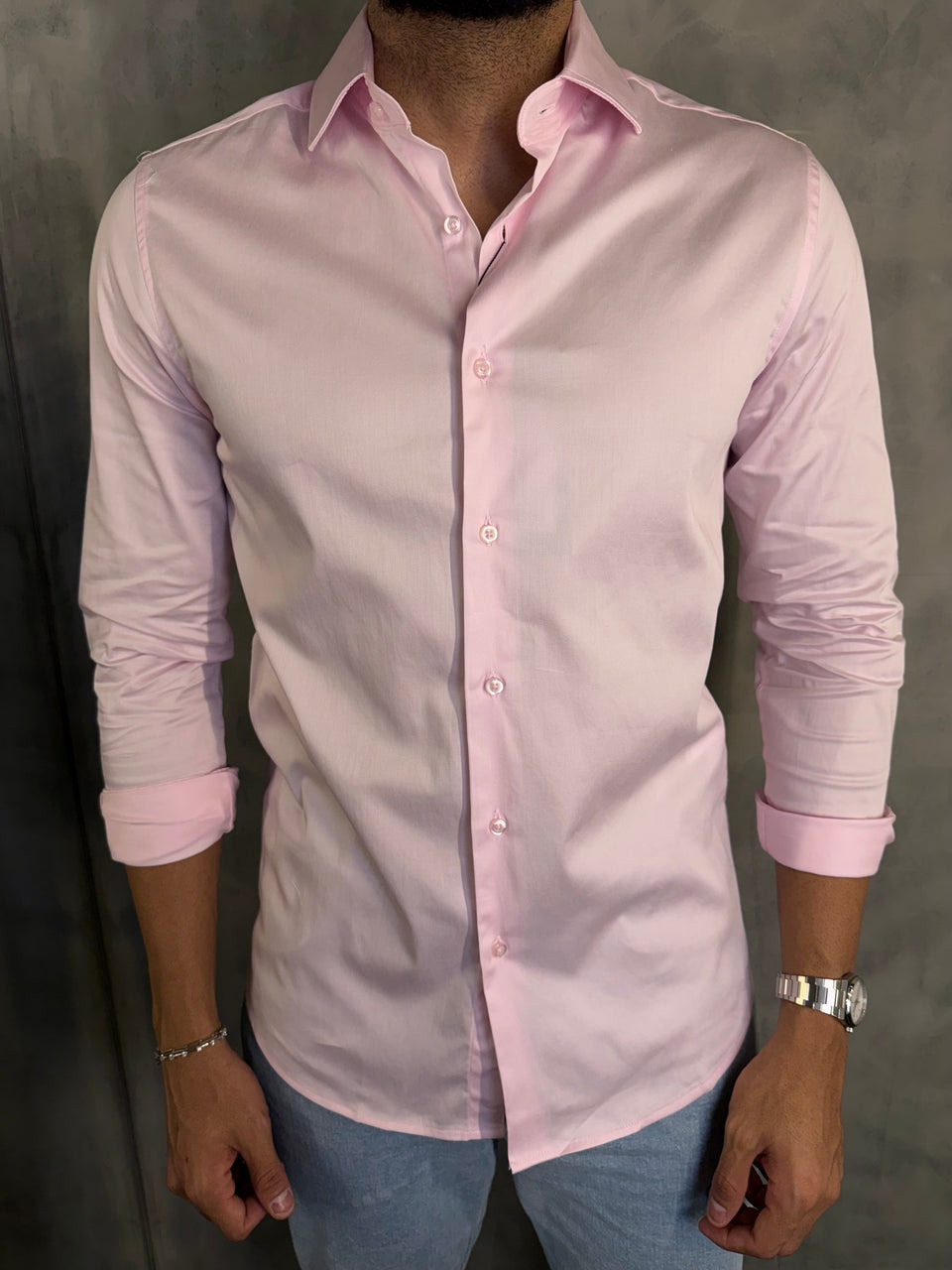 CAMISA M/L CETIM ELASTANO ROSA