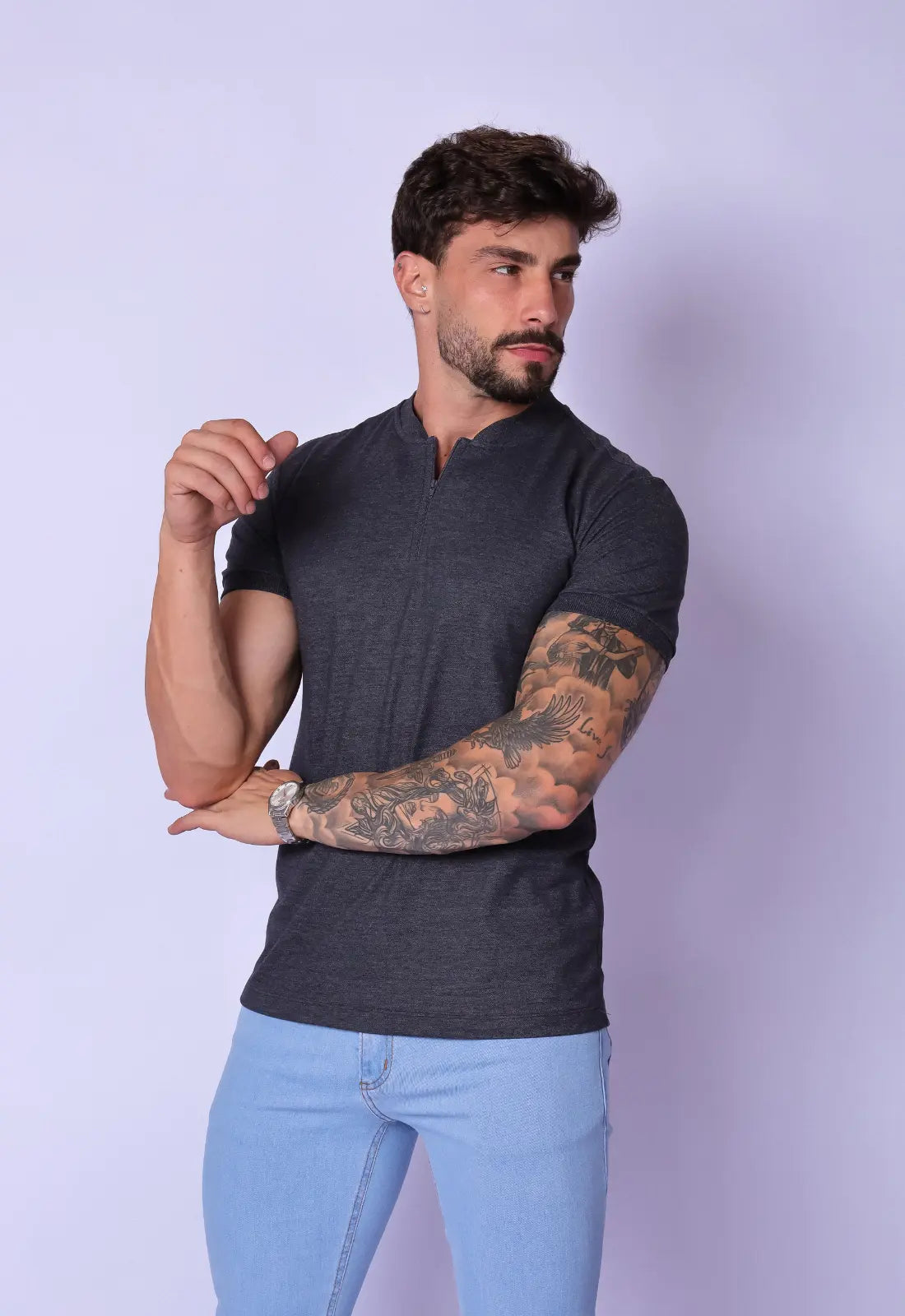 Camiseta Gola Padre Zíper Chumbo