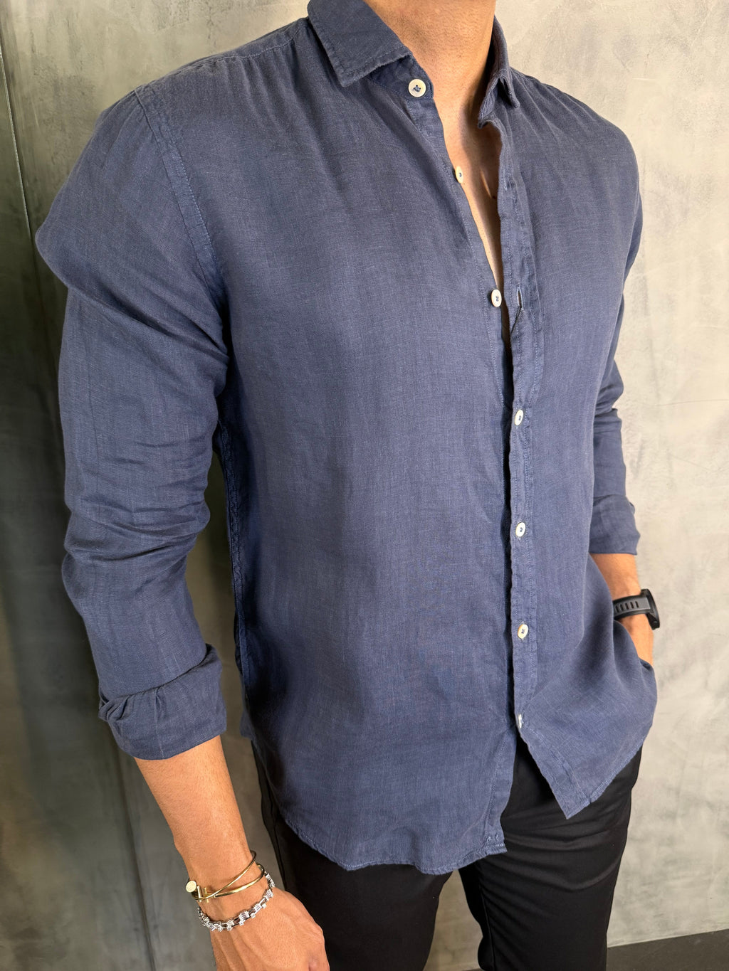 CAMISA M/L PURO LINHO AZUL ESCURO