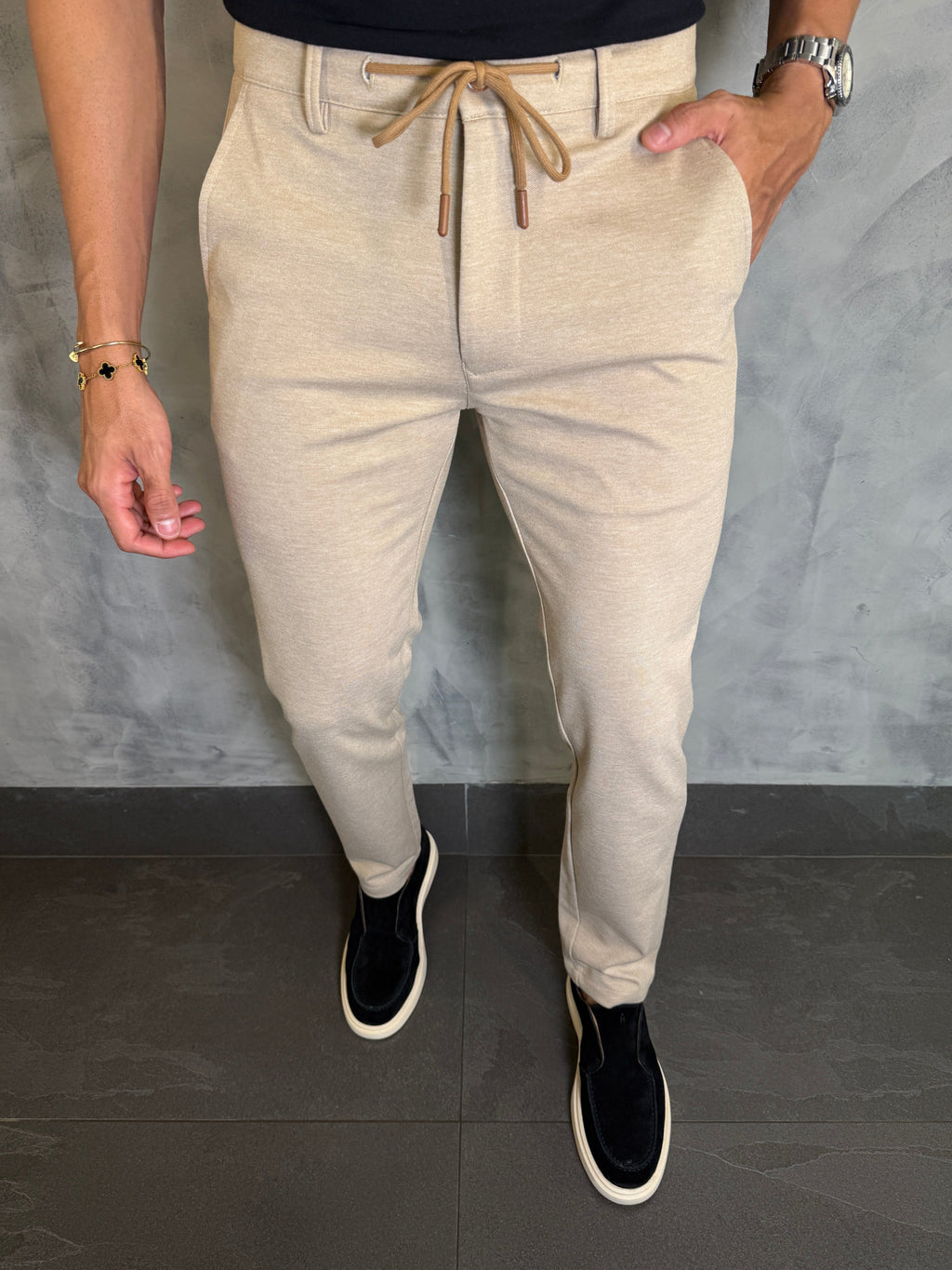 CALÇA ALF. SKINNY MALHA C/ CADARÇO BEGE