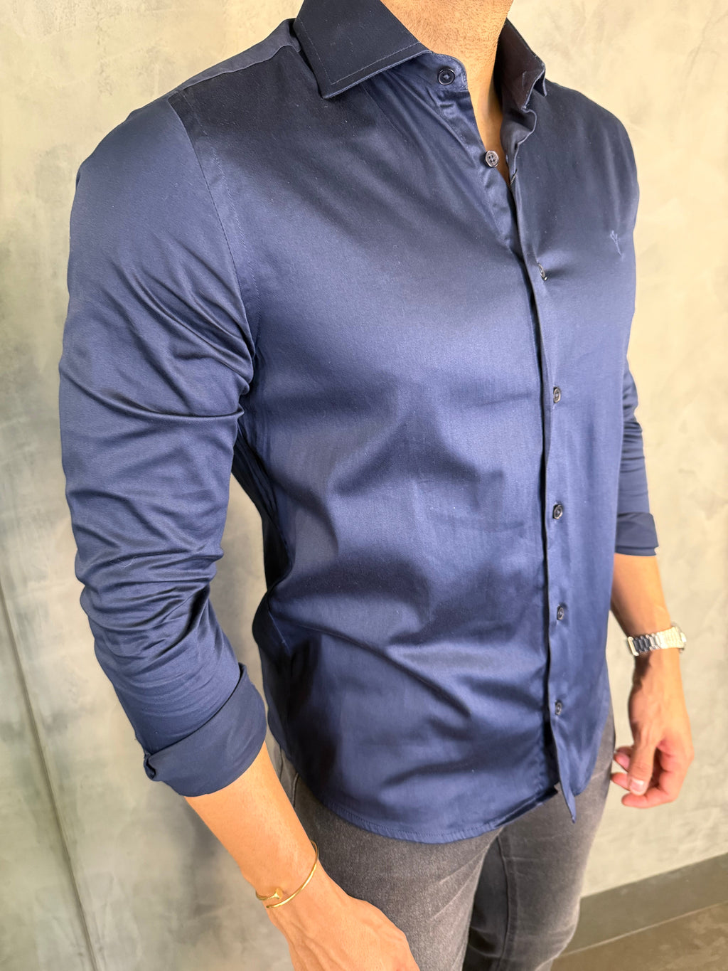 CAMISA ACETINADA STRETCH SLIM FIT M/L INDICCATTO MARINHO
