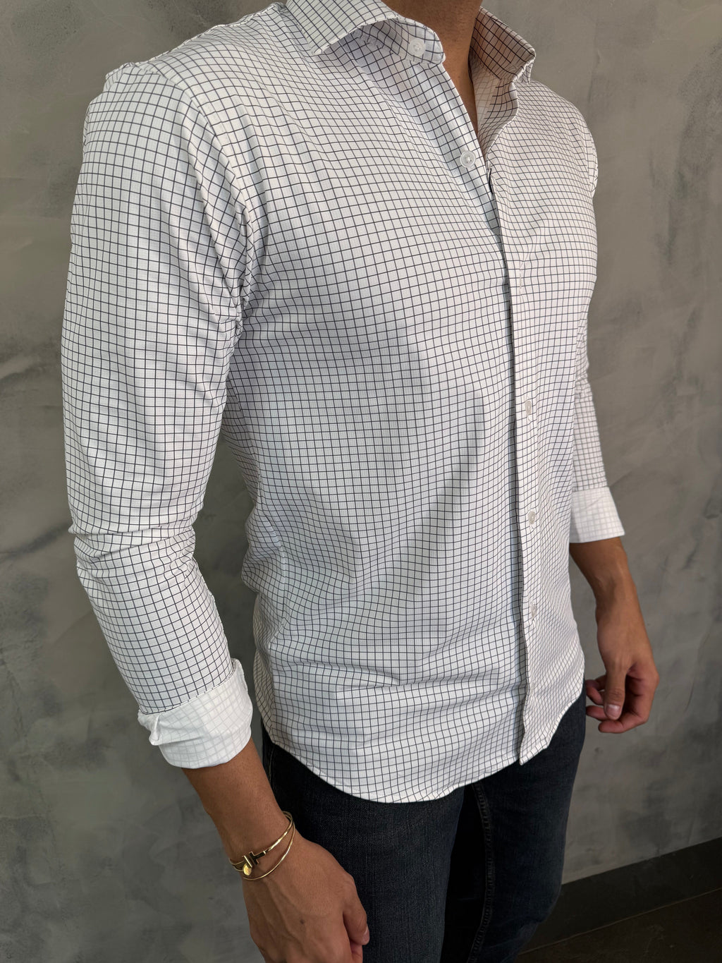 CAMISA M/L SLIM POLIAMIDA XADREZ BRANCO