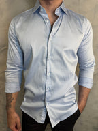 CAMISA M/L ACETINADA C/ ELASTANO PONTO H AZUL BB