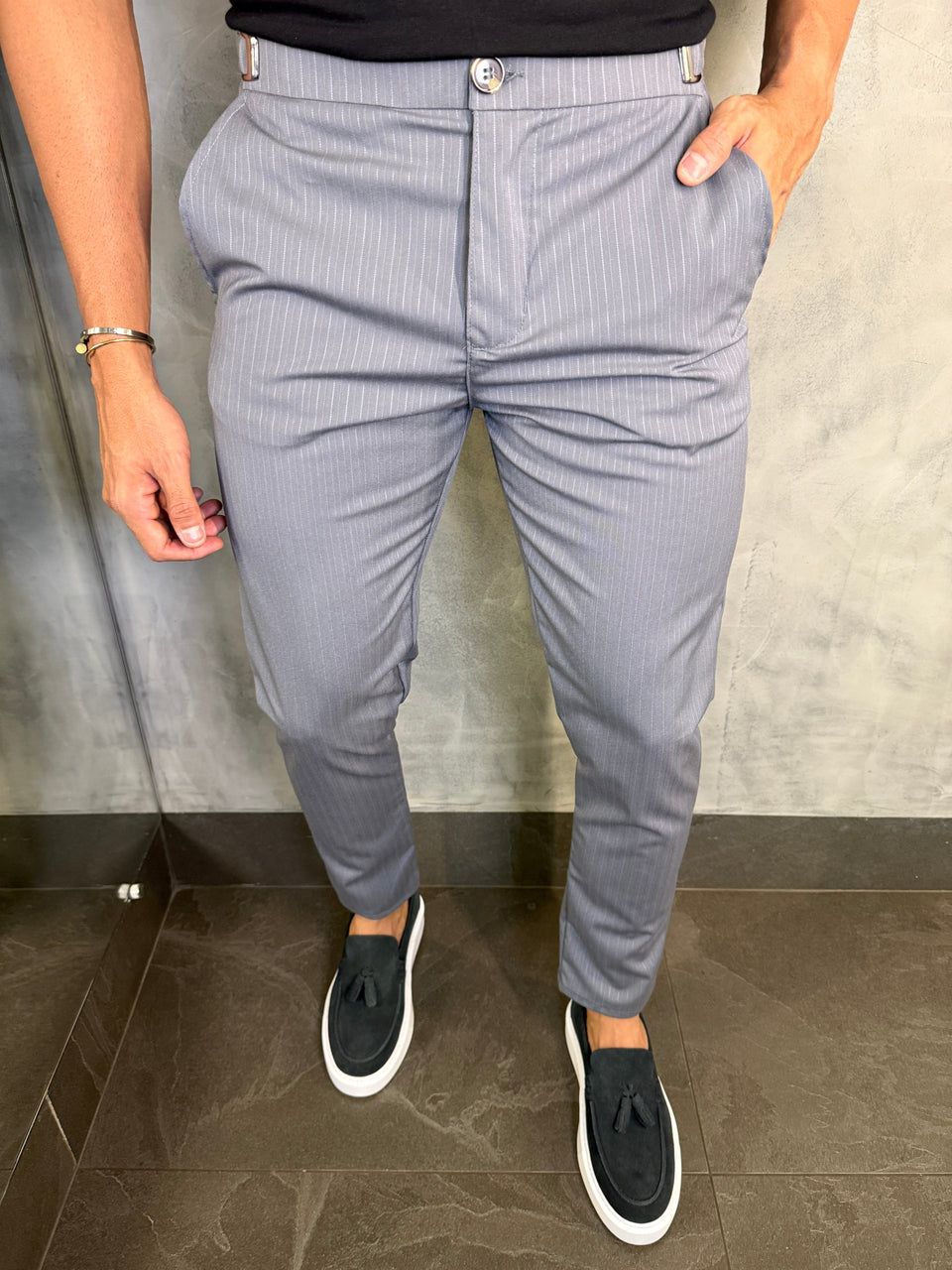 CALÇA ALF. RISCA DE GIZ ÉVORA PONTO H CINZA