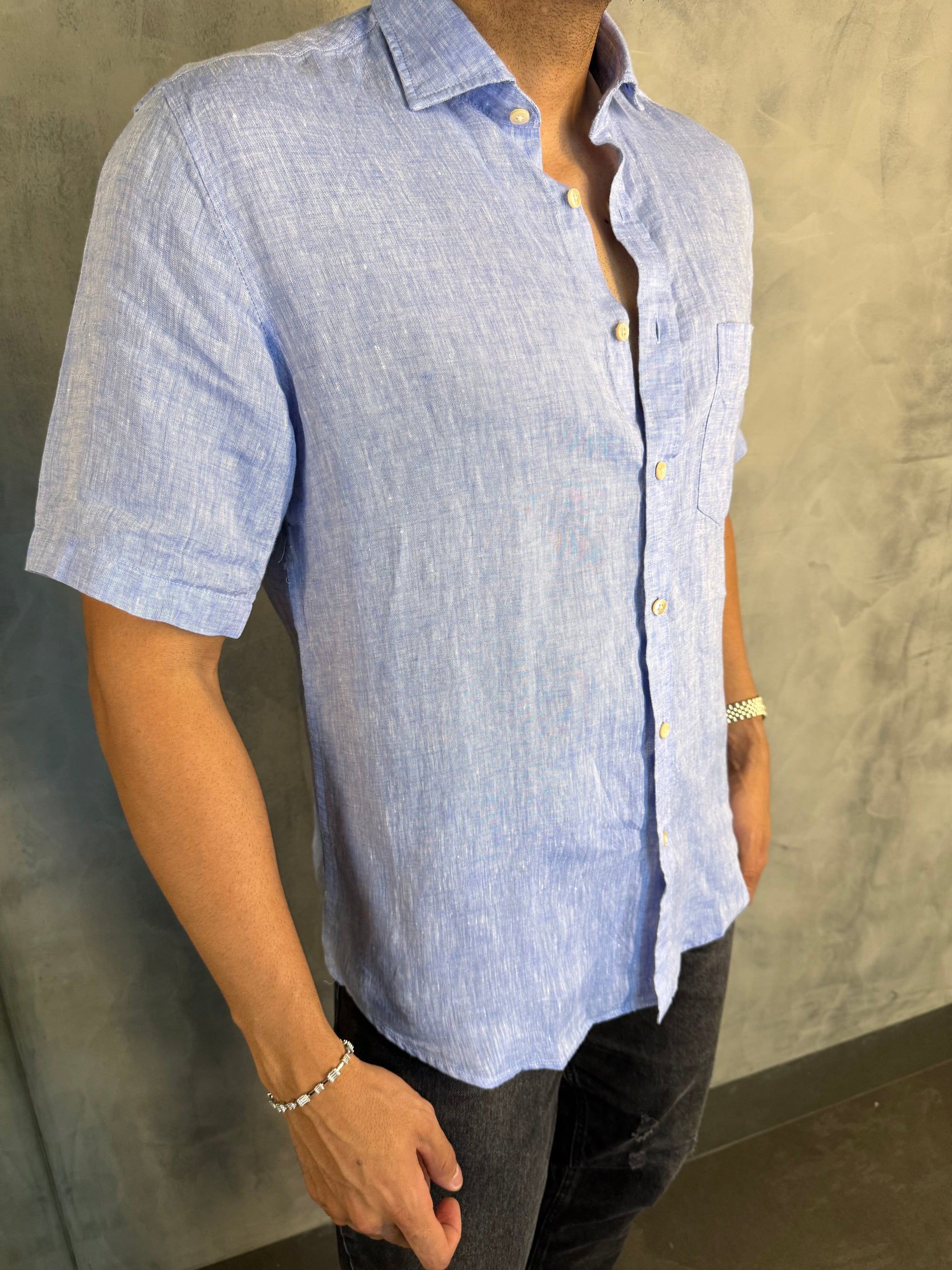 CAMISA M/C PURO LINHO AZUL CÉU