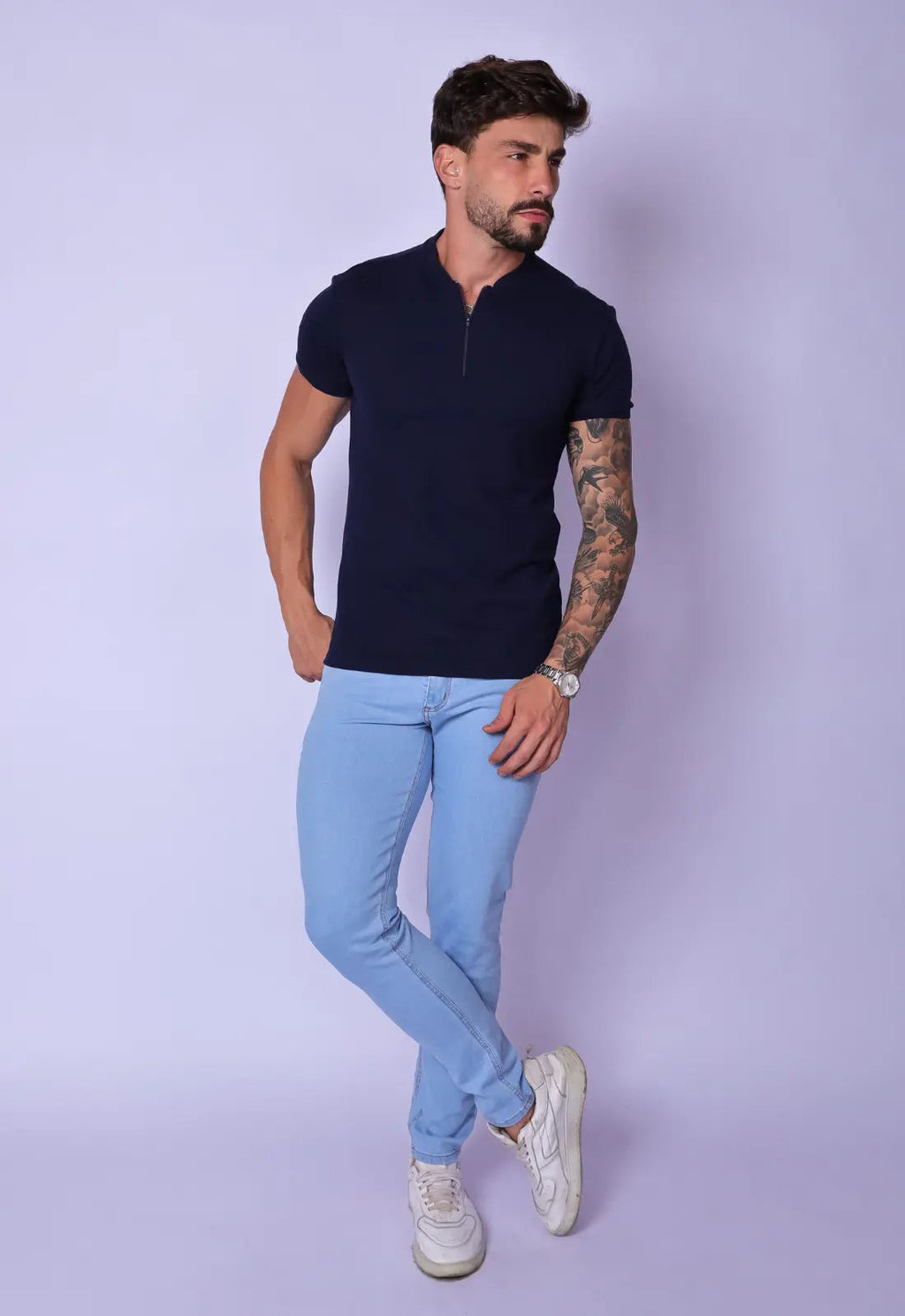 Camiseta Gola Padre Zíper Azul Marinho