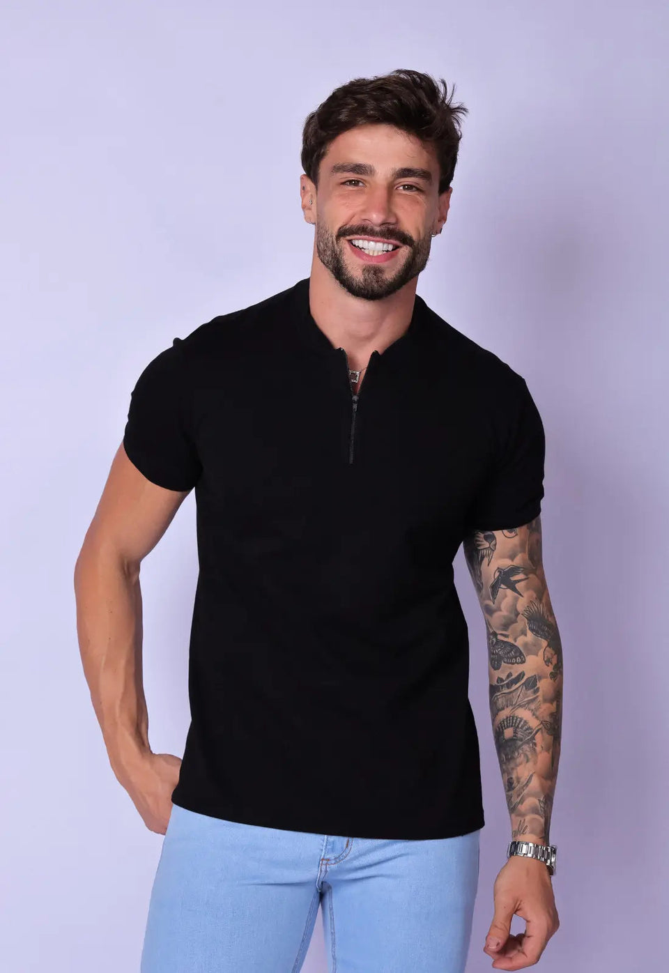 Camiseta Gola Padre Zíper Preta