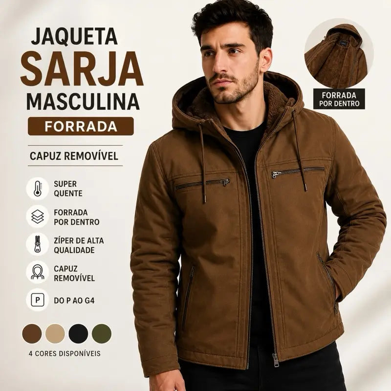 Jaqueta masculina sarja casaco com capuz e bolsos forrados