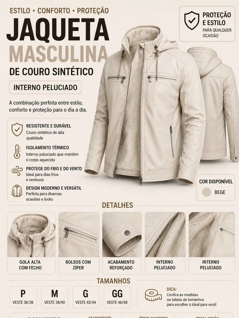 Jaqueta Couro Masculina Slim Forrada Com Capuz Removivel